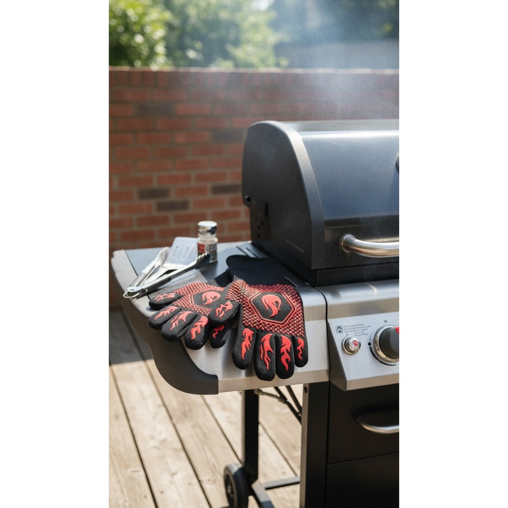 Heat Resistant BBQ Grilling Gloves Black Red Flame Silicone Non-Slip‎ 13in Pair